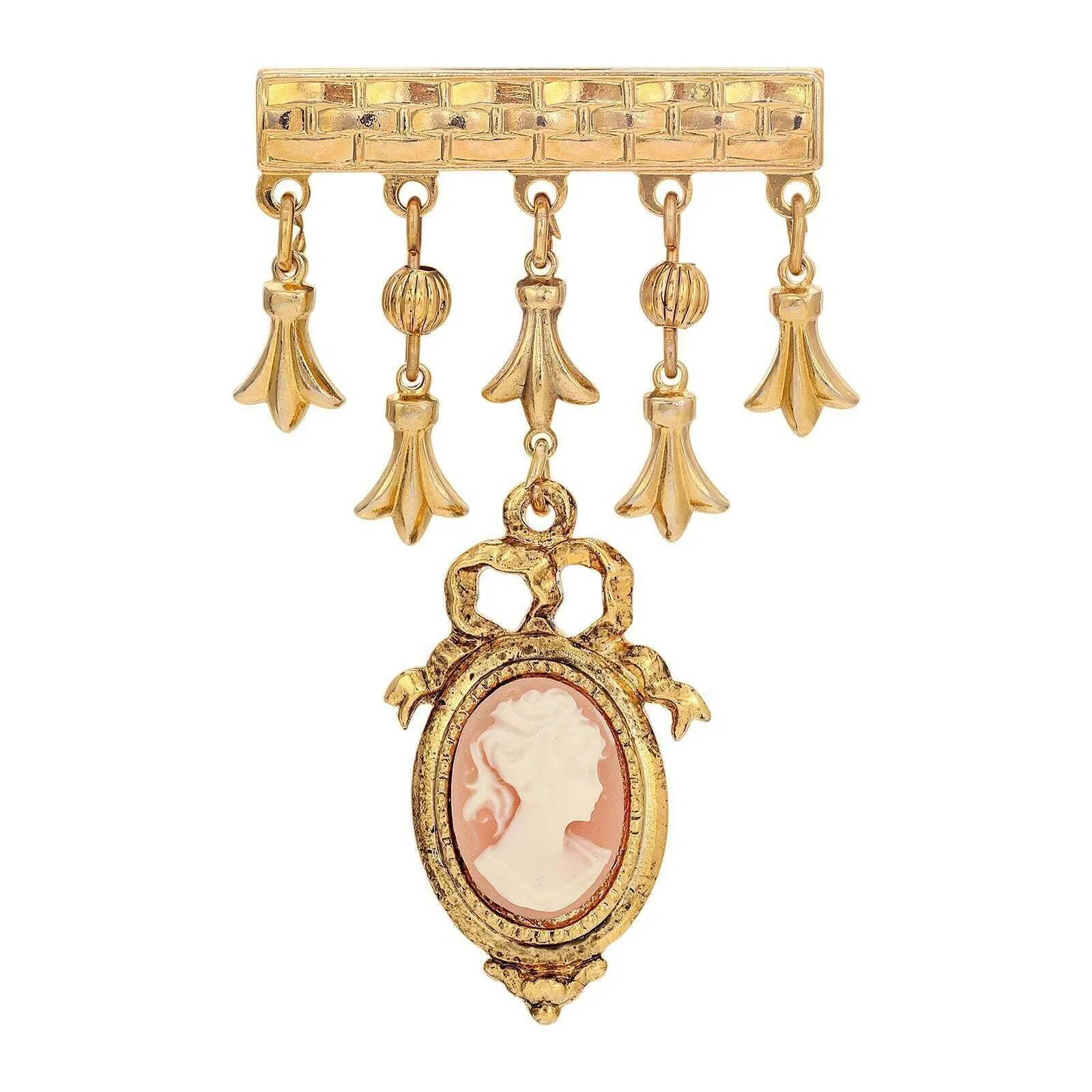 1928 Jewelry Dangling Charm Pink Cameo Bar Pin