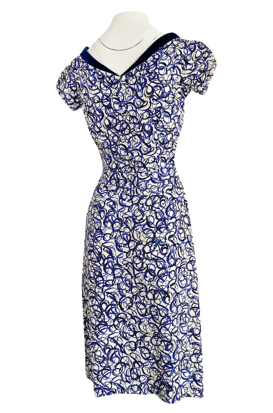 1940s Hand Painted Blue & White Silk Swing Dress w Swirling Sequin Detailing