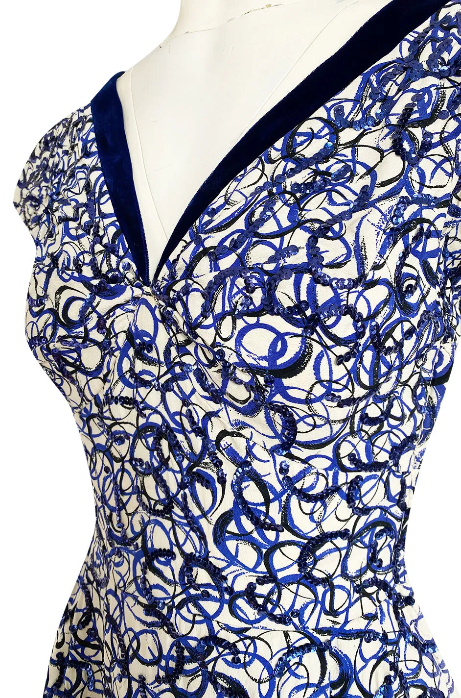 1940s Hand Painted Blue & White Silk Swing Dress w Swirling Sequin Detailing