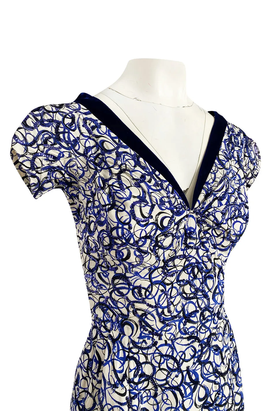 1940s Hand Painted Blue & White Silk Swing Dress w Swirling Sequin Detailing