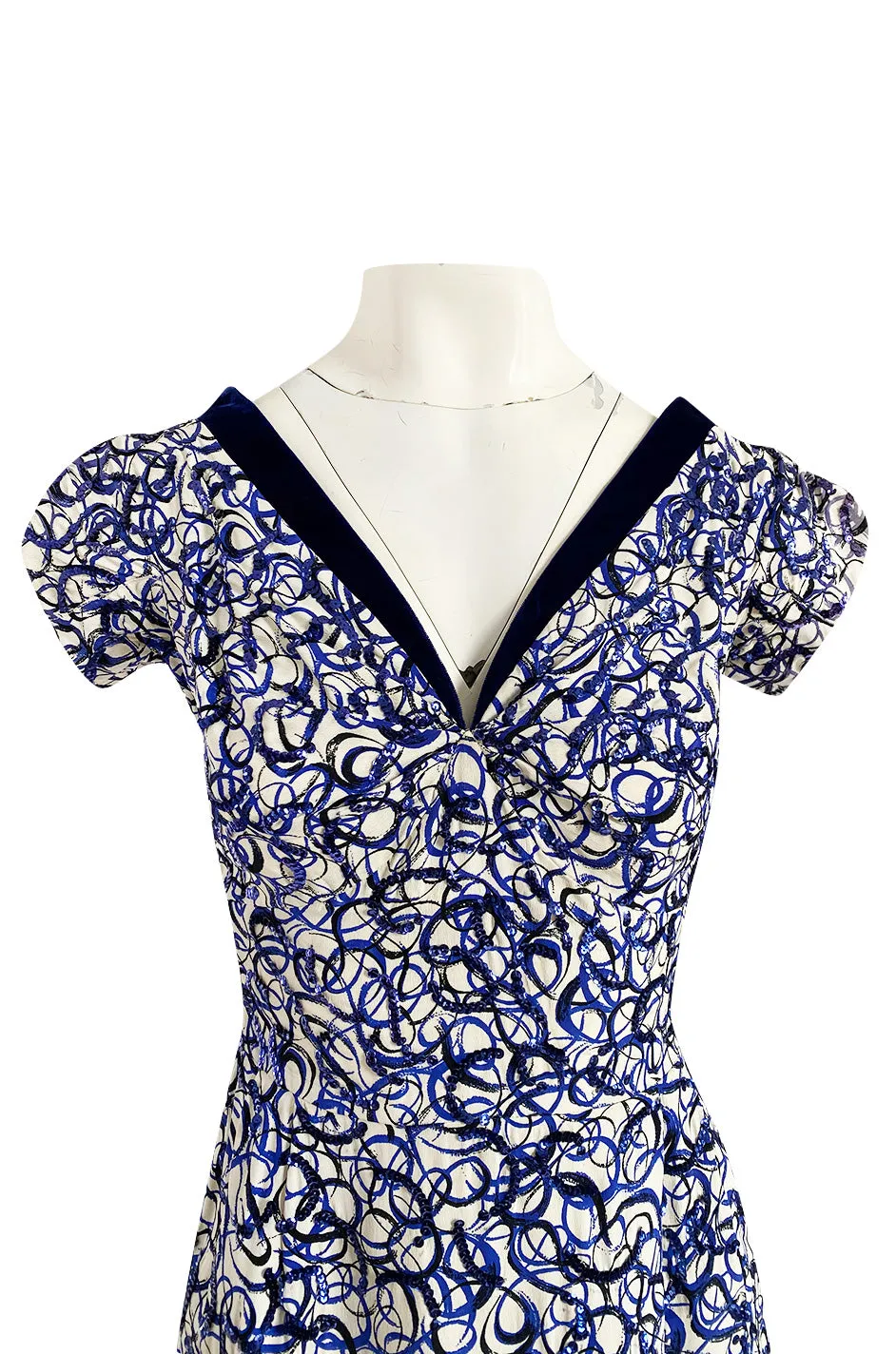 1940s Hand Painted Blue & White Silk Swing Dress w Swirling Sequin Detailing