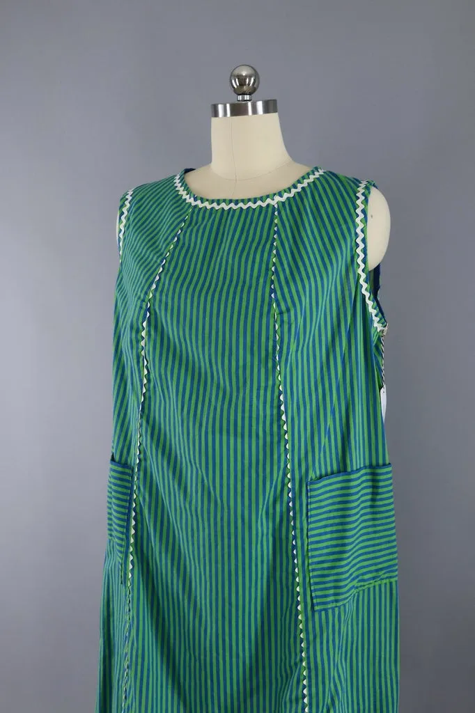 1960s Vintage Green & Blue Striped Shift Dress