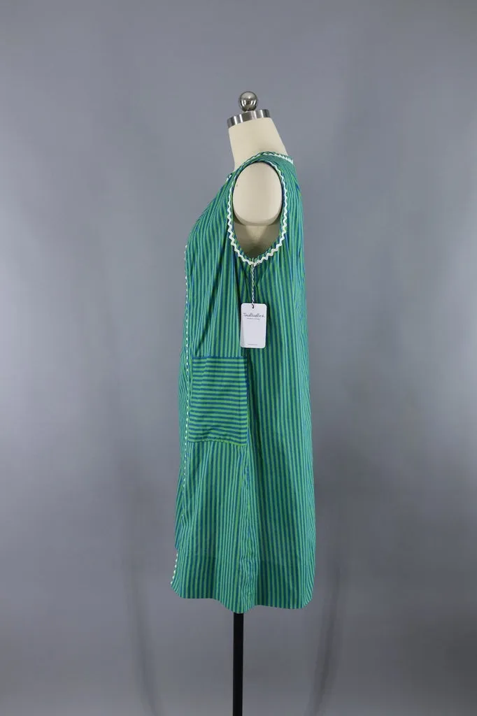 1960s Vintage Green & Blue Striped Shift Dress