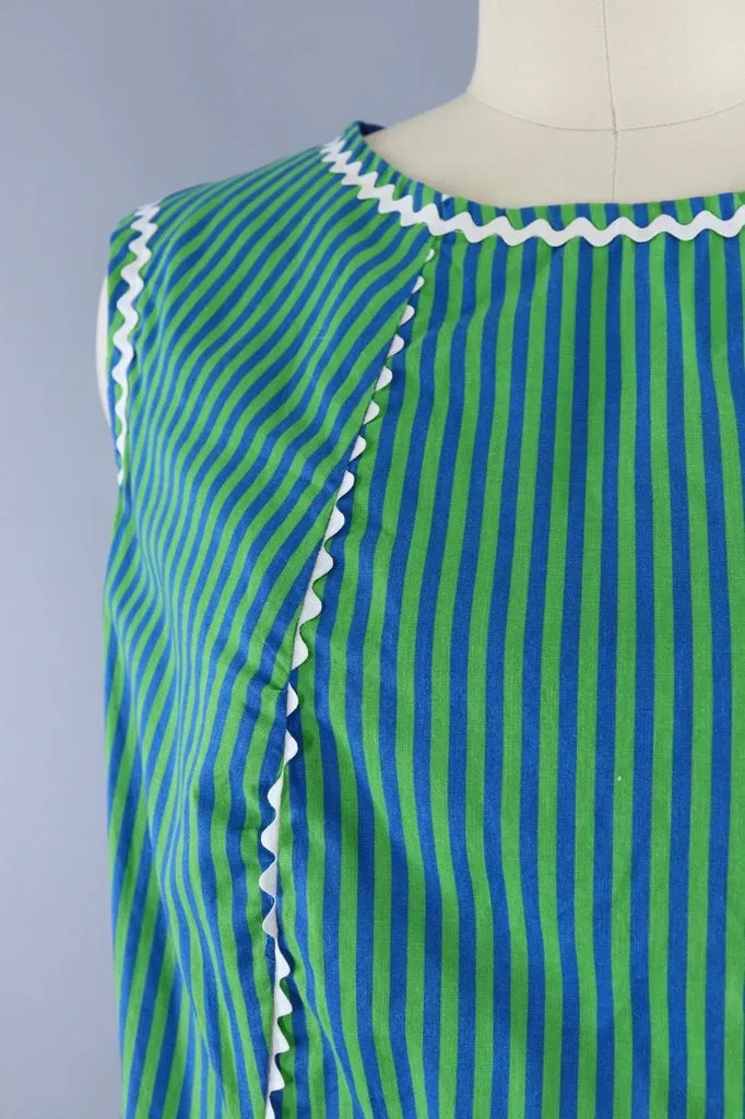 1960s Vintage Green & Blue Striped Shift Dress