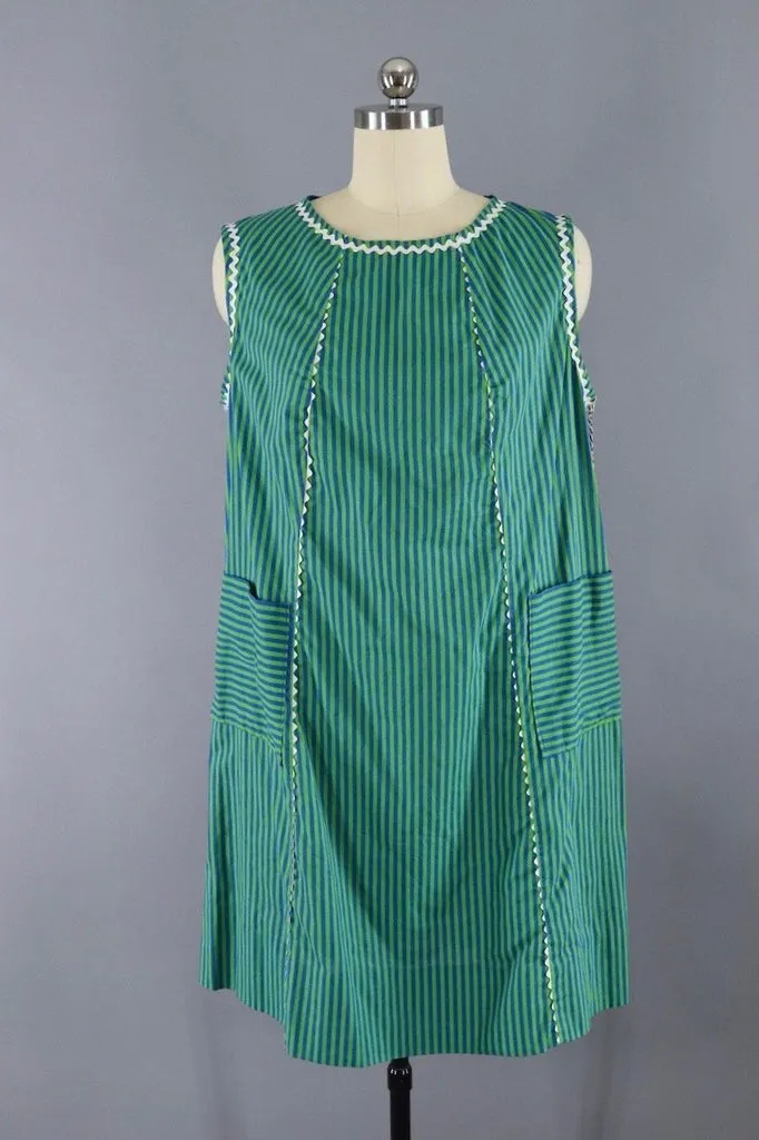 1960s Vintage Green & Blue Striped Shift Dress