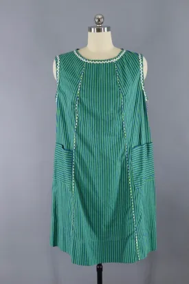 1960s Vintage Green & Blue Striped Shift Dress