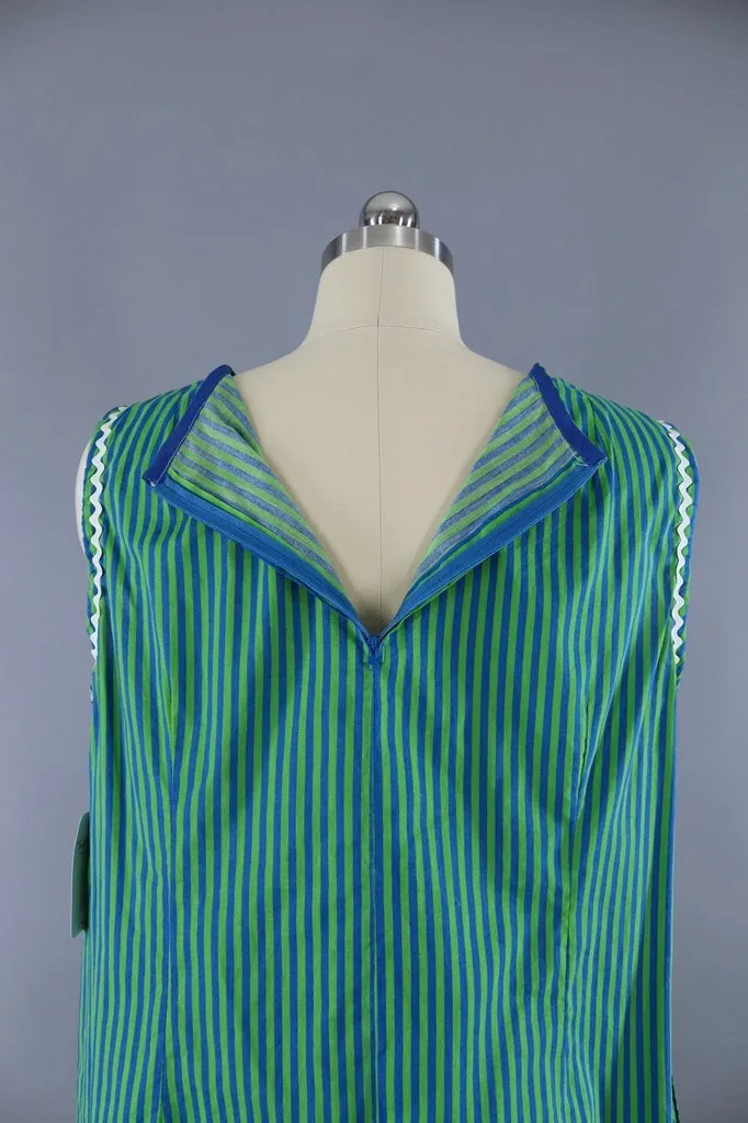 1960s Vintage Green & Blue Striped Shift Dress