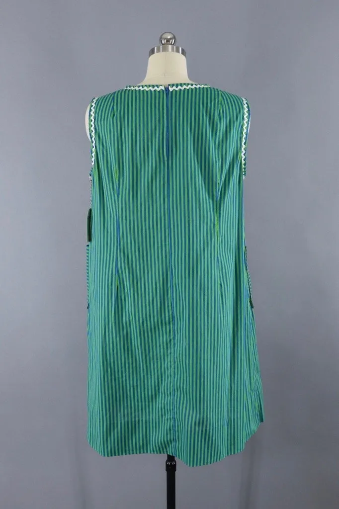 1960s Vintage Green & Blue Striped Shift Dress