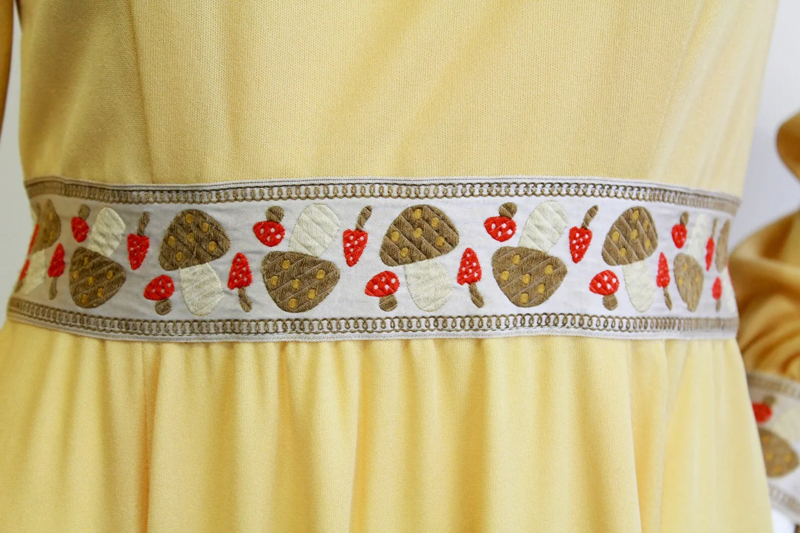 1970s Yellow Mushroom Trim Maxi Dress, Small