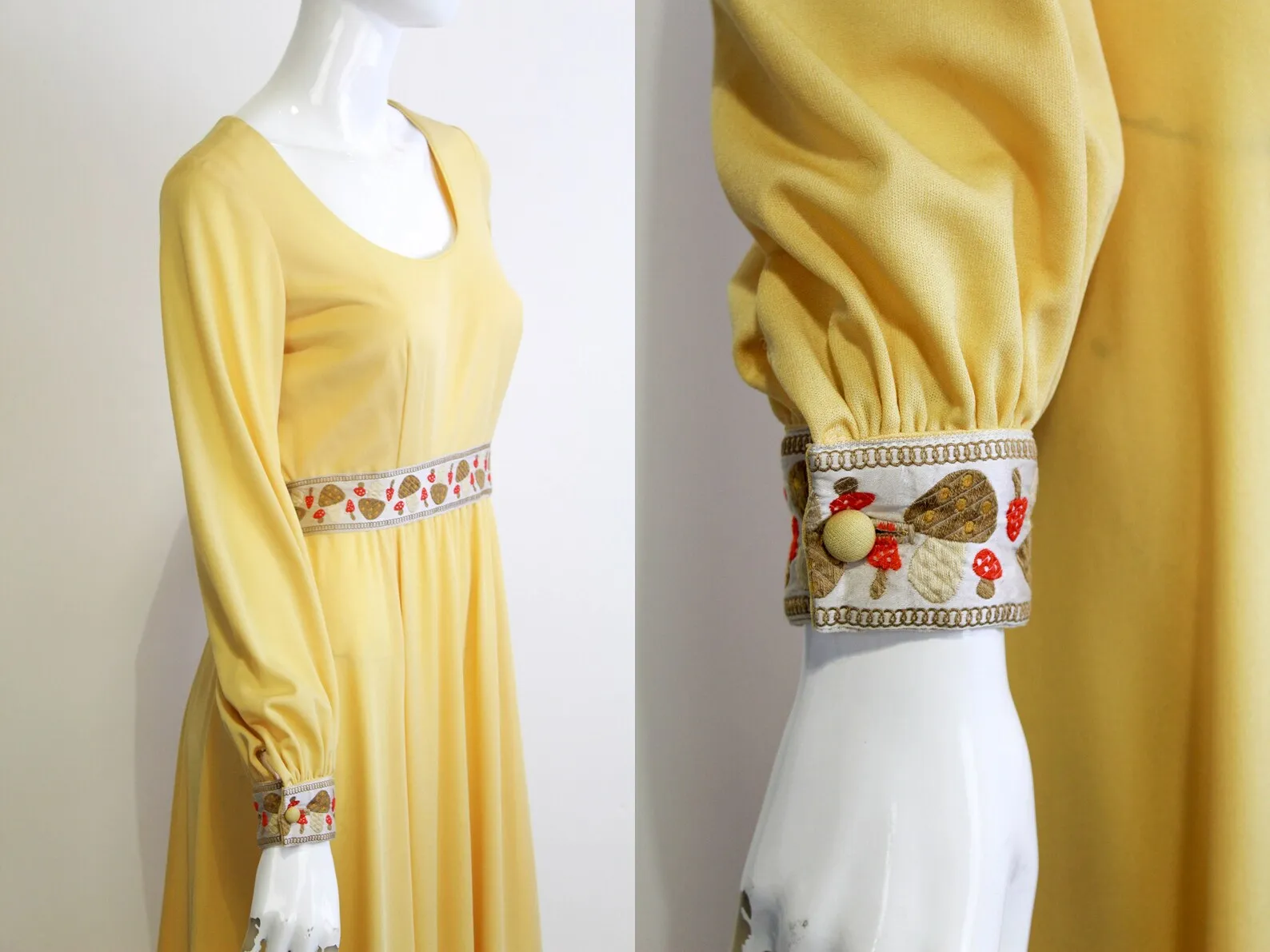 1970s Yellow Mushroom Trim Maxi Dress, Small