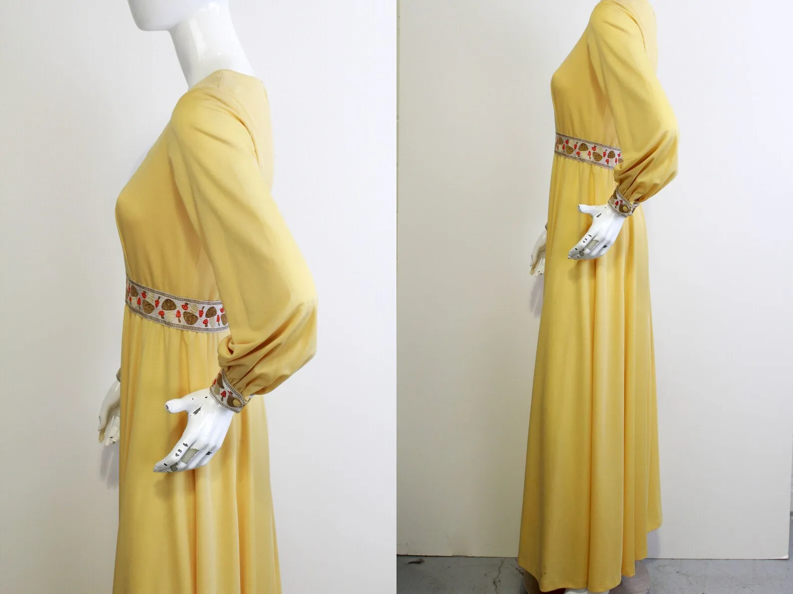 1970s Yellow Mushroom Trim Maxi Dress, Small