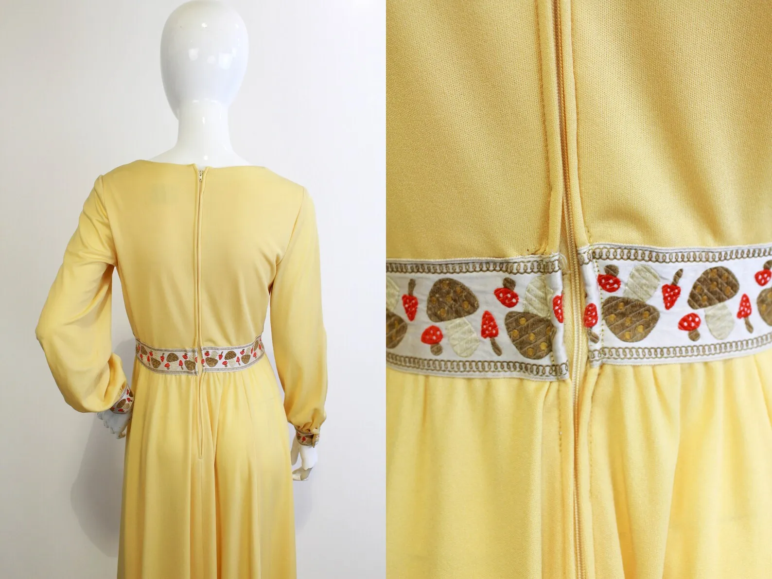 1970s Yellow Mushroom Trim Maxi Dress, Small