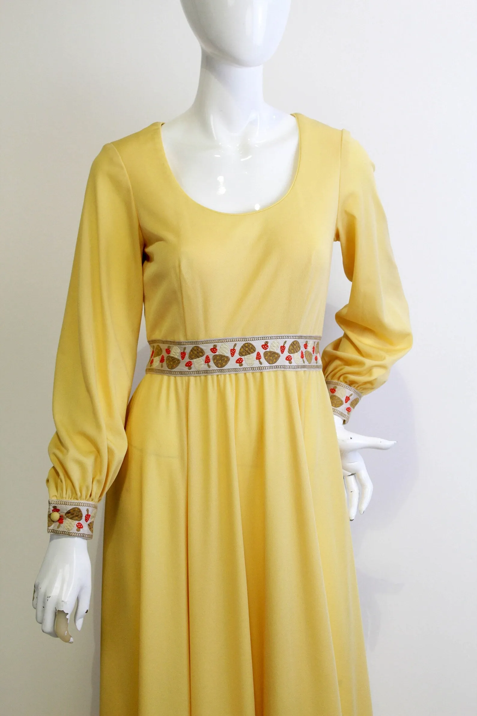 1970s Yellow Mushroom Trim Maxi Dress, Small