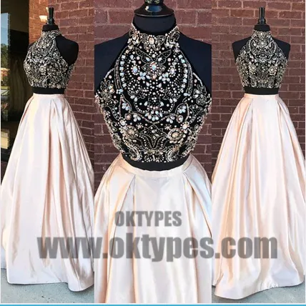 2 Pieces Rhinestone Beaded Top Satin Prom Dresses, Gorgeous Long Prom Dresses, TYP0412