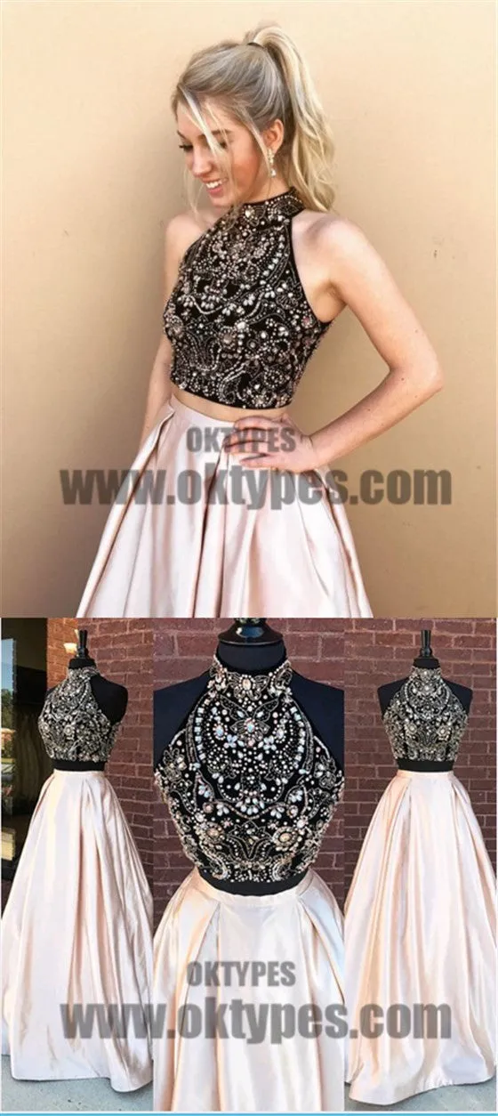 2 Pieces Rhinestone Beaded Top Satin Prom Dresses, Gorgeous Long Prom Dresses, TYP0412