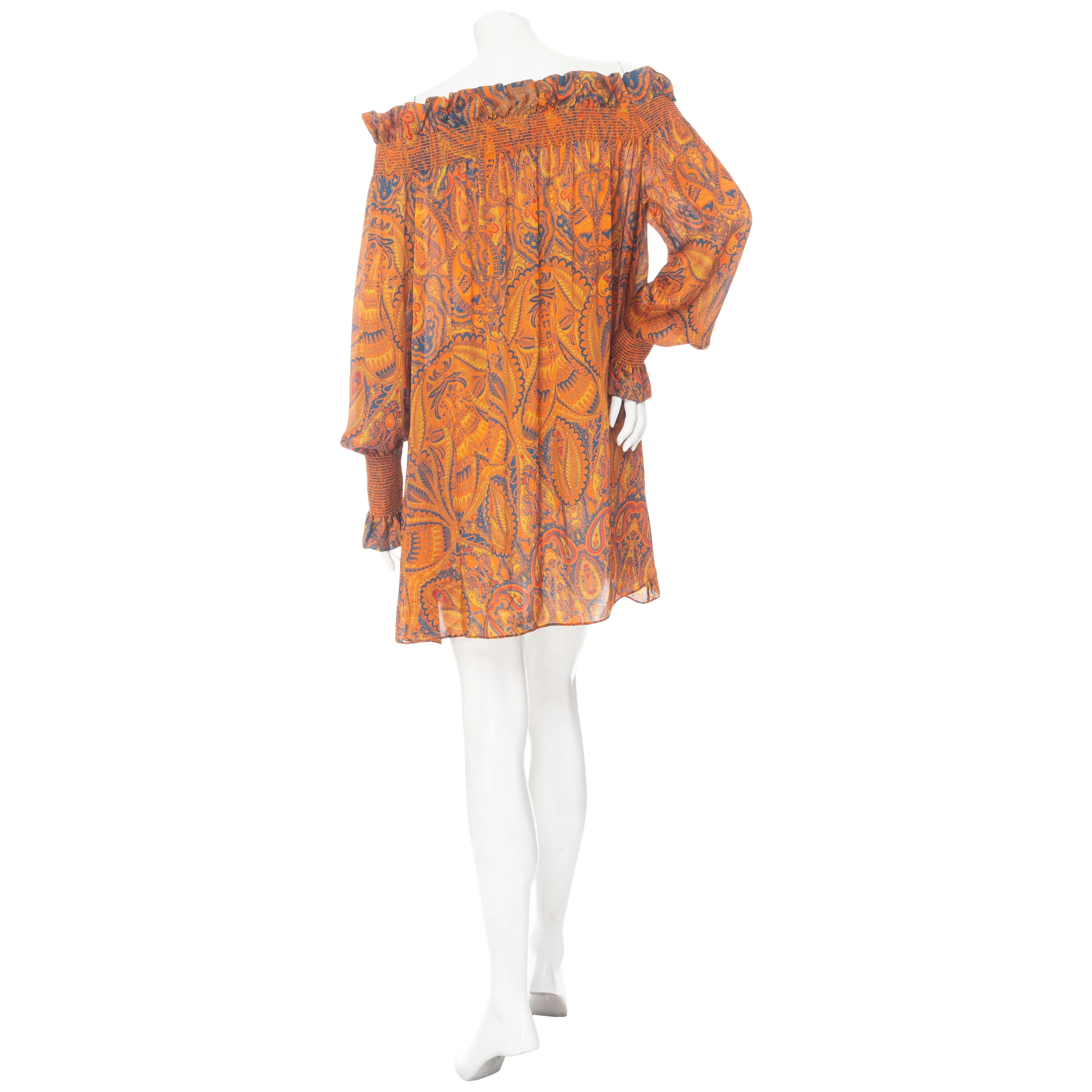 2008 Orange Silk Off-the-Shoulder Multicolored Paisley Print Shift Dress