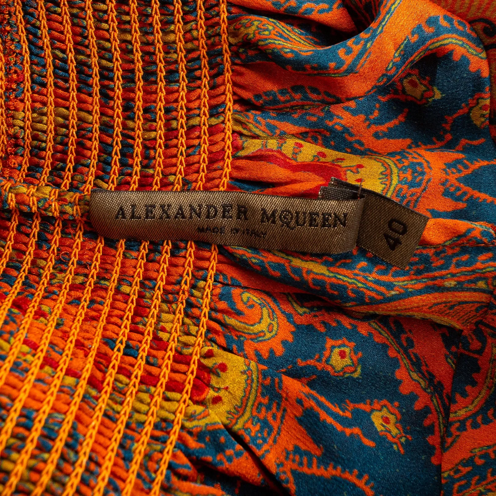 2008 Orange Silk Off-the-Shoulder Multicolored Paisley Print Shift Dress