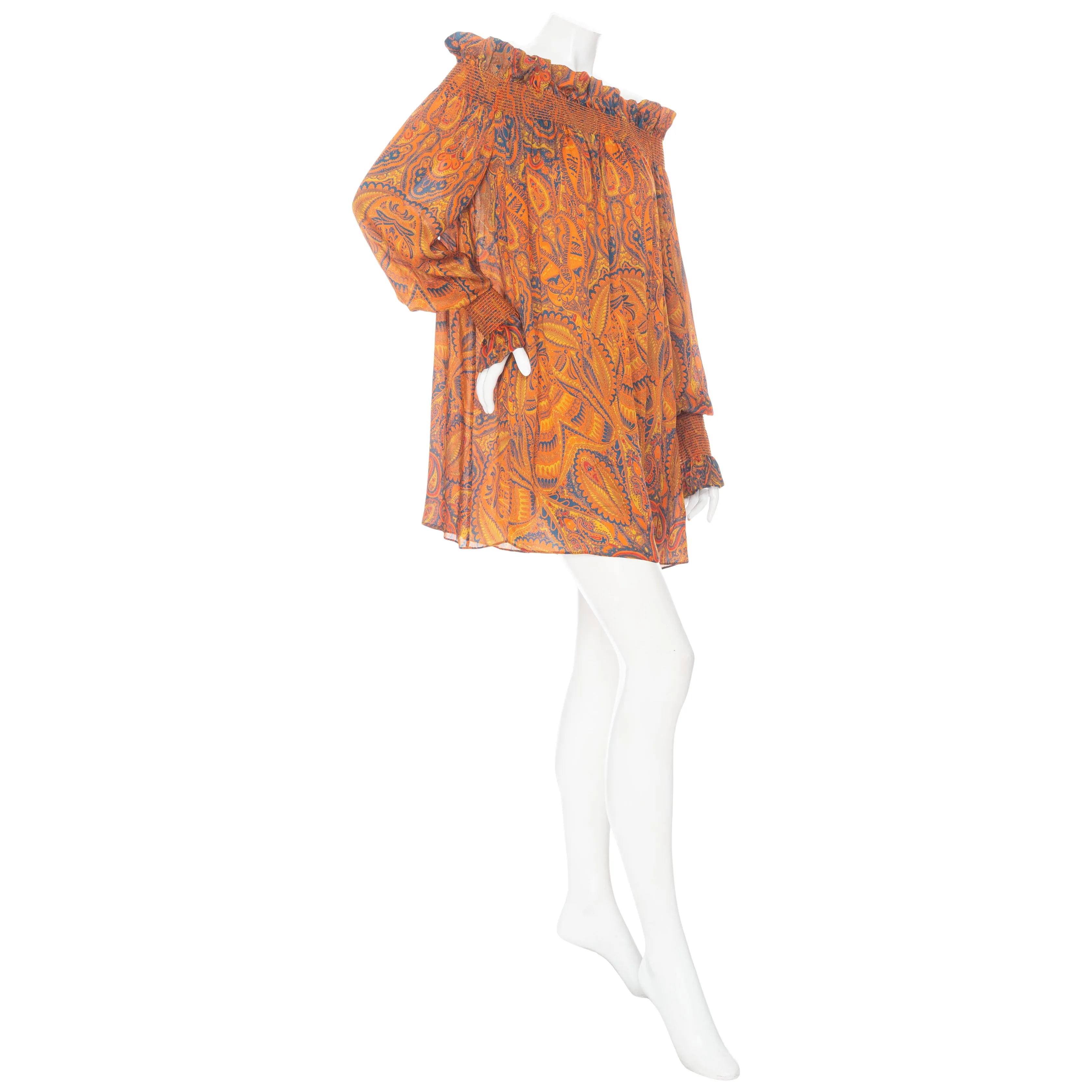 2008 Orange Silk Off-the-Shoulder Multicolored Paisley Print Shift Dress