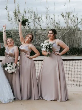 A-line Floor-length Spaghetti Straps V-neck Long Chiffon Bridesmaid Dresses, BD1115