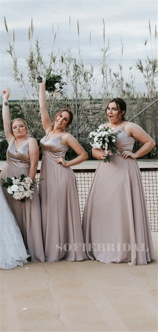 A-line Floor-length Spaghetti Straps V-neck Long Chiffon Bridesmaid Dresses, BD1115