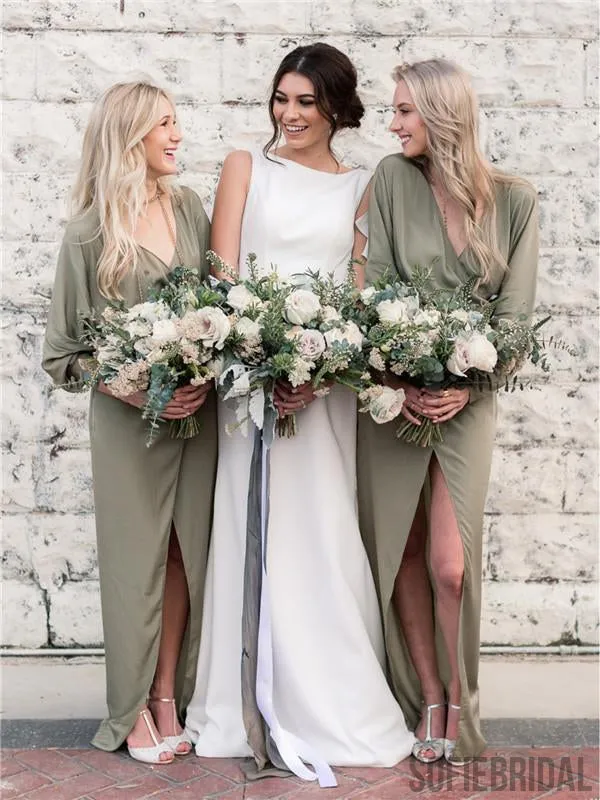 A-line Floor-length V-neck Long Sleeves Chiffon Bridesmaid Dresses, BD1022