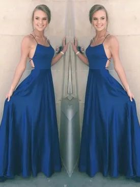 A Line Spaghetti Straps Backless Satin Royal Blue Prom Dresses, Royal Blue Formal Dresses, Graduation Dresses