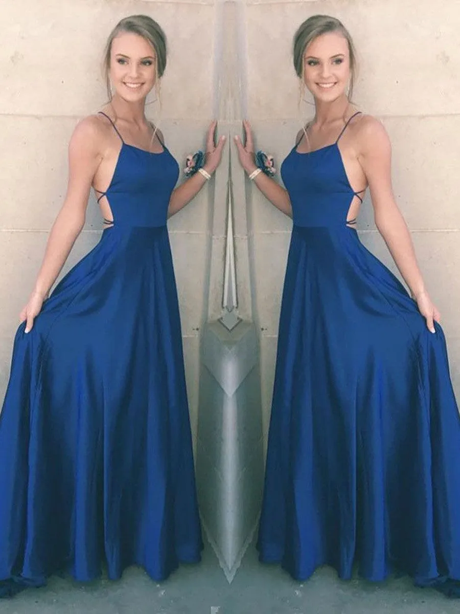 A Line Spaghetti Straps Backless Satin Royal Blue Prom Dresses, Royal Blue Formal Dresses, Graduation Dresses