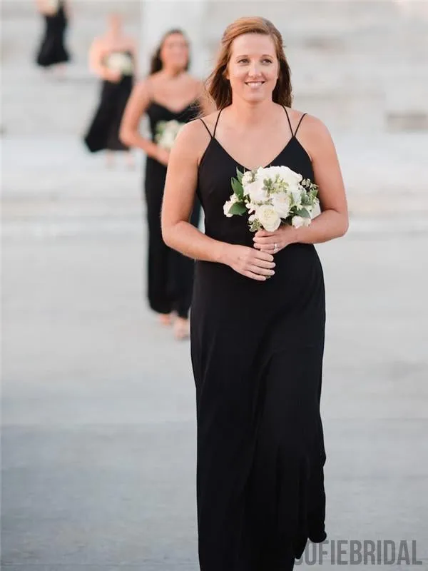 A-line SpaghettI Straps V-neck Backless Long Black Bridesmaid Dresses, BD1071