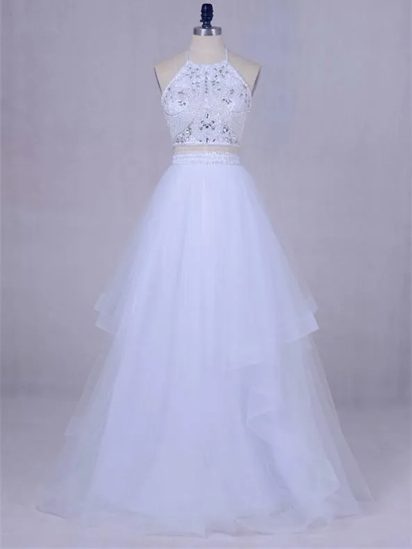 A-line V-neck Floor-Length Tulle White Prom Dresses With Beading ASD27104