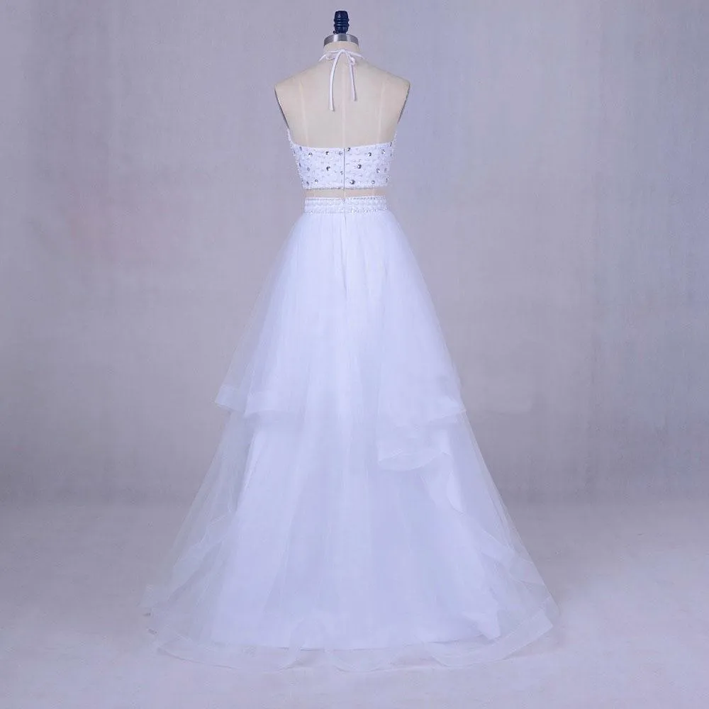 A-line V-neck Floor-Length Tulle White Prom Dresses With Beading ASD27104