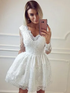 A-line V Neck Long Sleeves Lace White Short Prom Homecoming Dresses