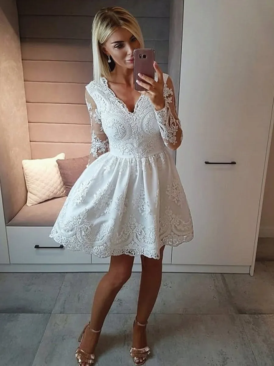 A-line V Neck Long Sleeves Lace White Short Prom Homecoming Dresses