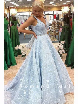 A-Line V-Neck Sleeveless Light Blue Long Prom Dresses With Lace,RBPD0090