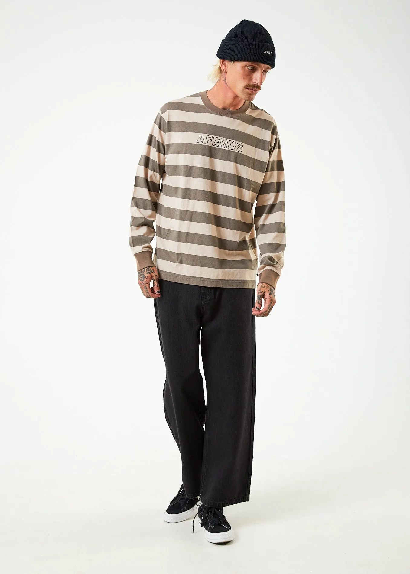 AFENDS Mens Sideline - Long Sleeve Striped T-Shirt - Beechwood