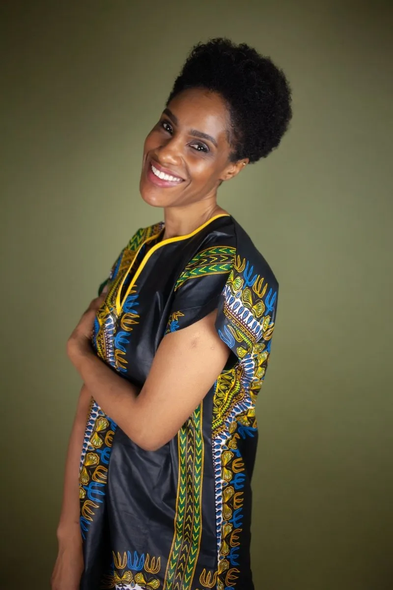 African Shift Dress In Black Dashiki