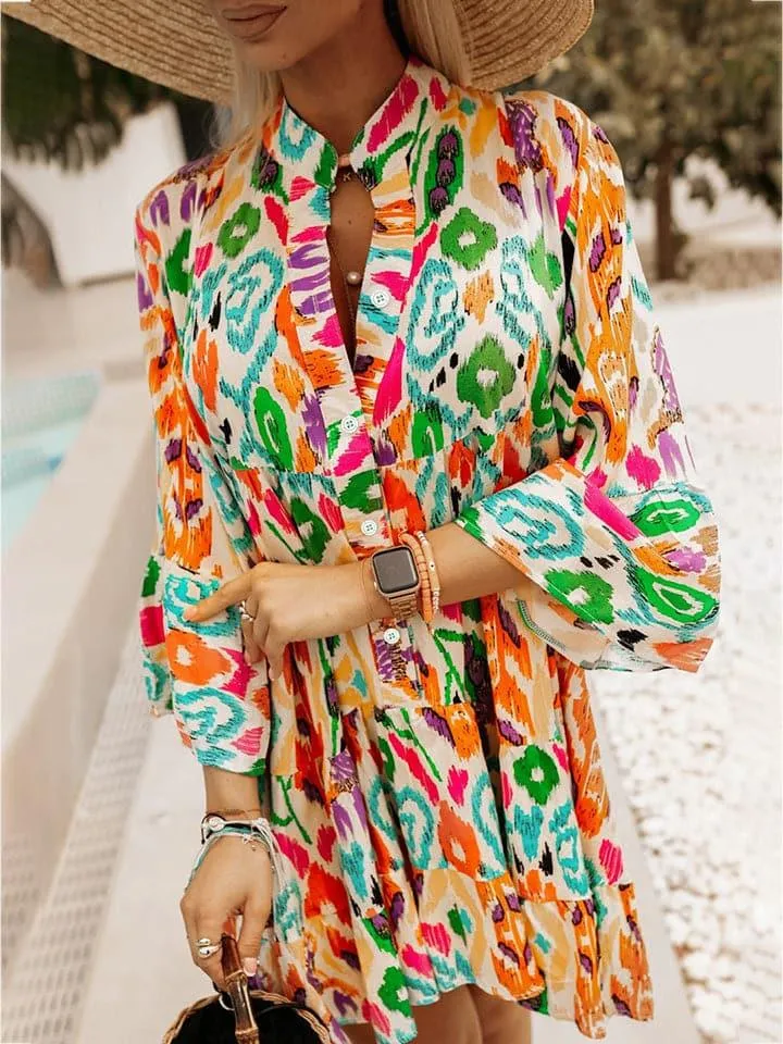 Alondra Printed Buttoned Long Sleeve Dress