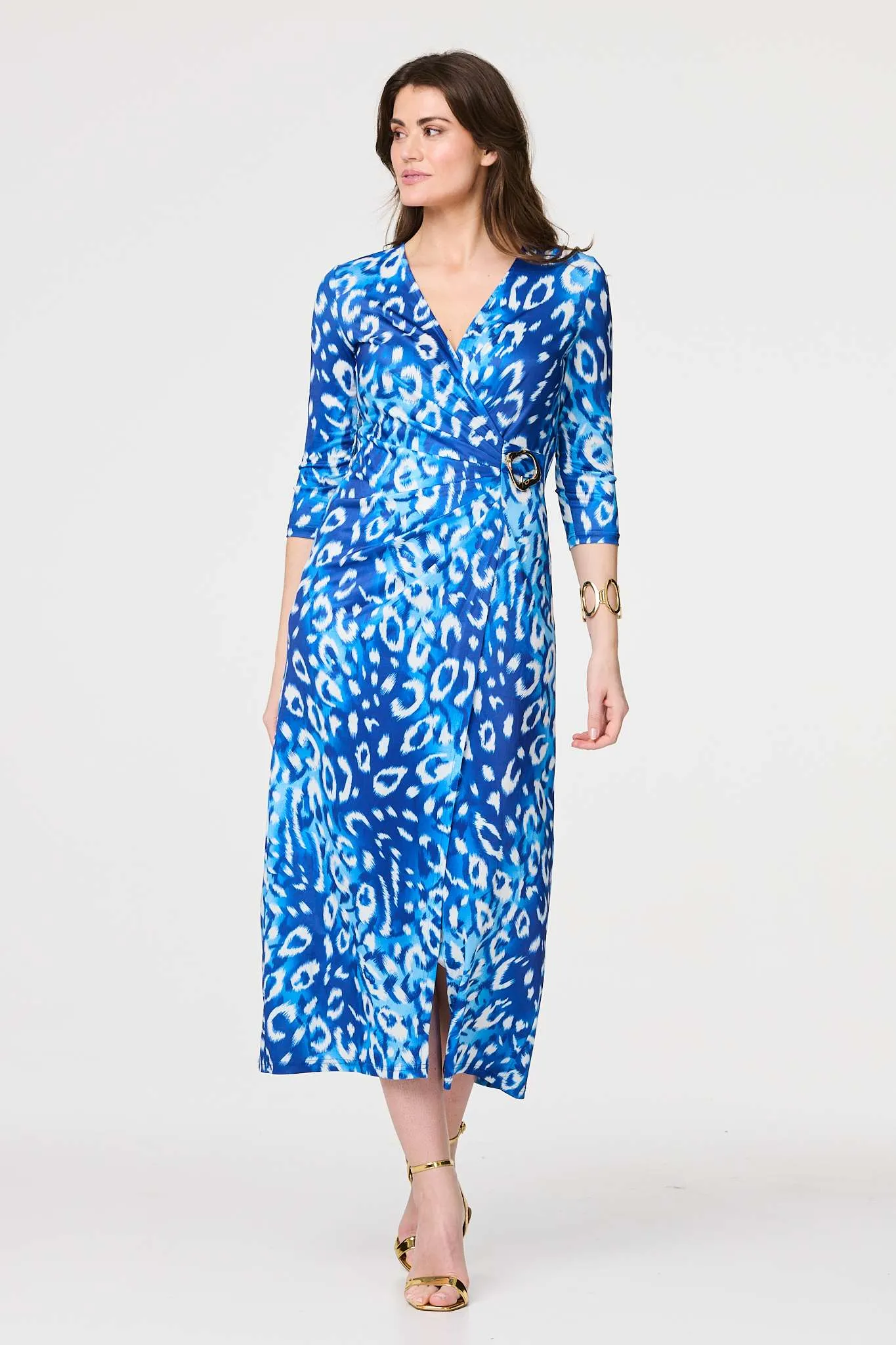 Animal Print 3/4 Sleeve Midi Wrap Dress