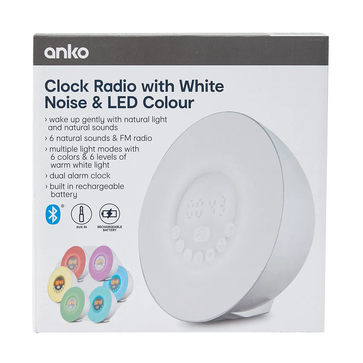 Anko White Clock Radio with White Noise & LED Colour