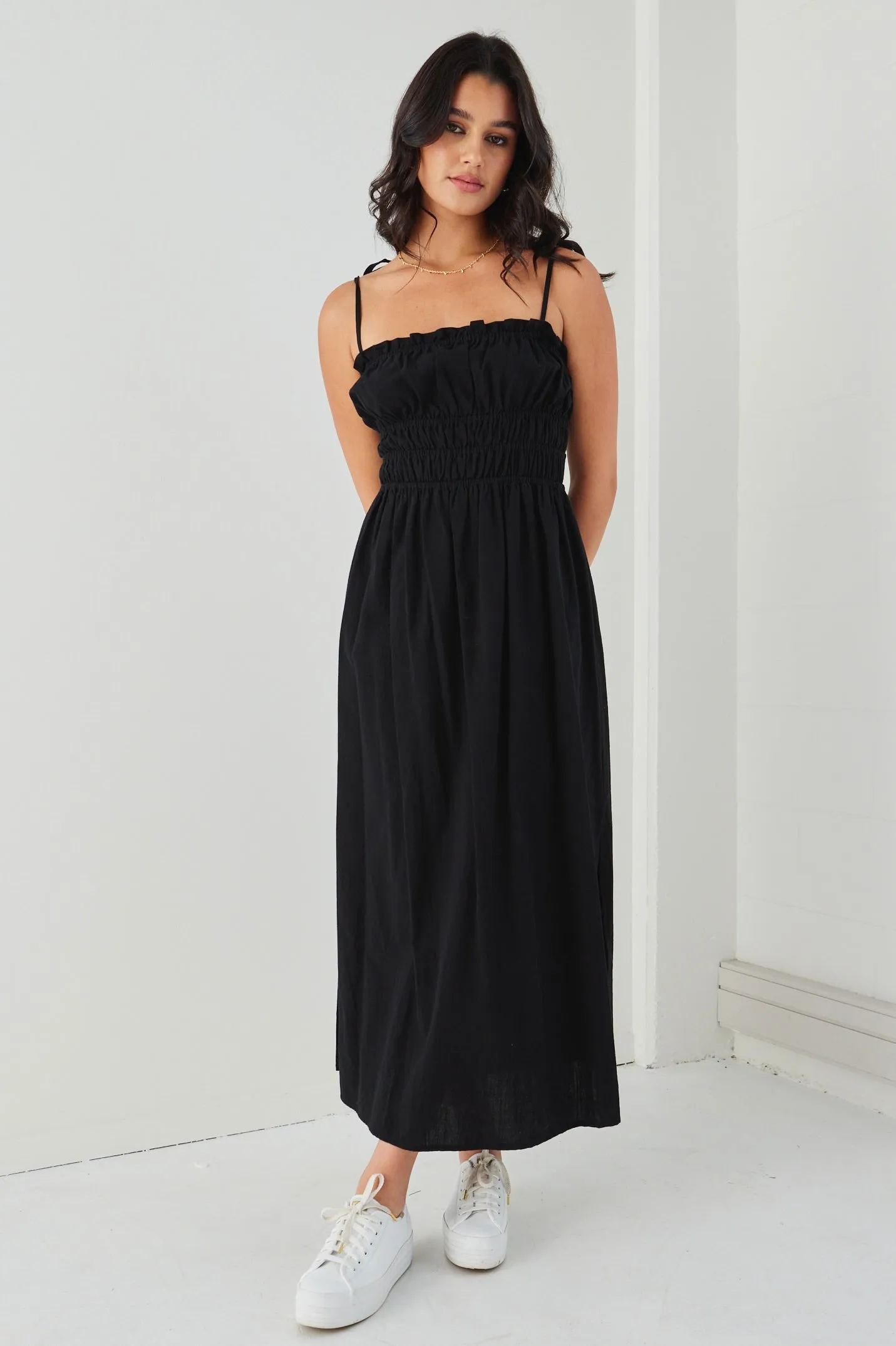 Arcadia Black Cotton Gathered Tie Strap Midi Dress