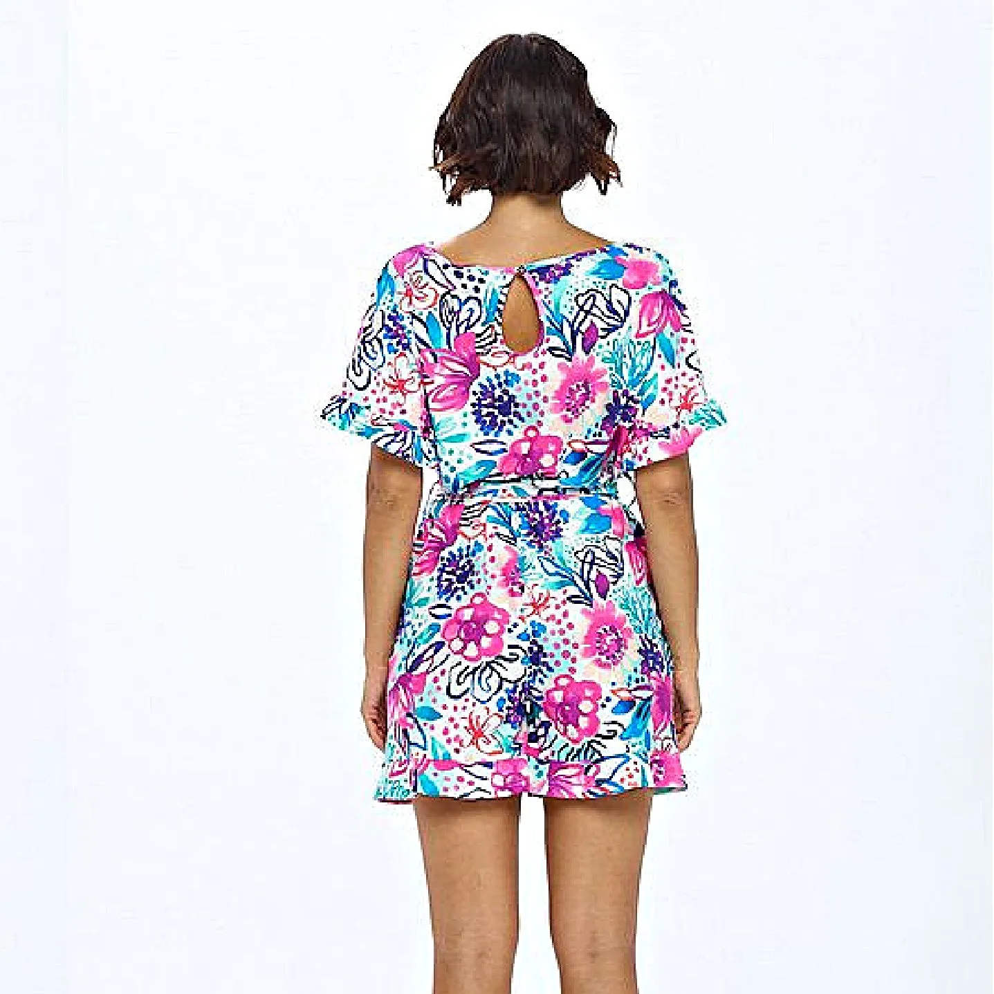 ARYEH MONICA TURQUOISE AND HOT PINK BELTED ROMPER