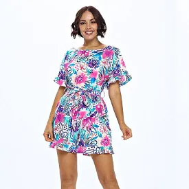 ARYEH MONICA TURQUOISE AND HOT PINK BELTED ROMPER