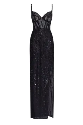 Astonishing sequined maxi gown on spaghetti straps