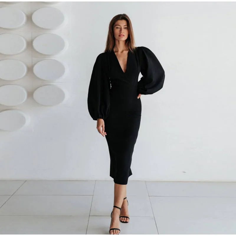 Audrey V Neck Long Sleeve Midi Dress