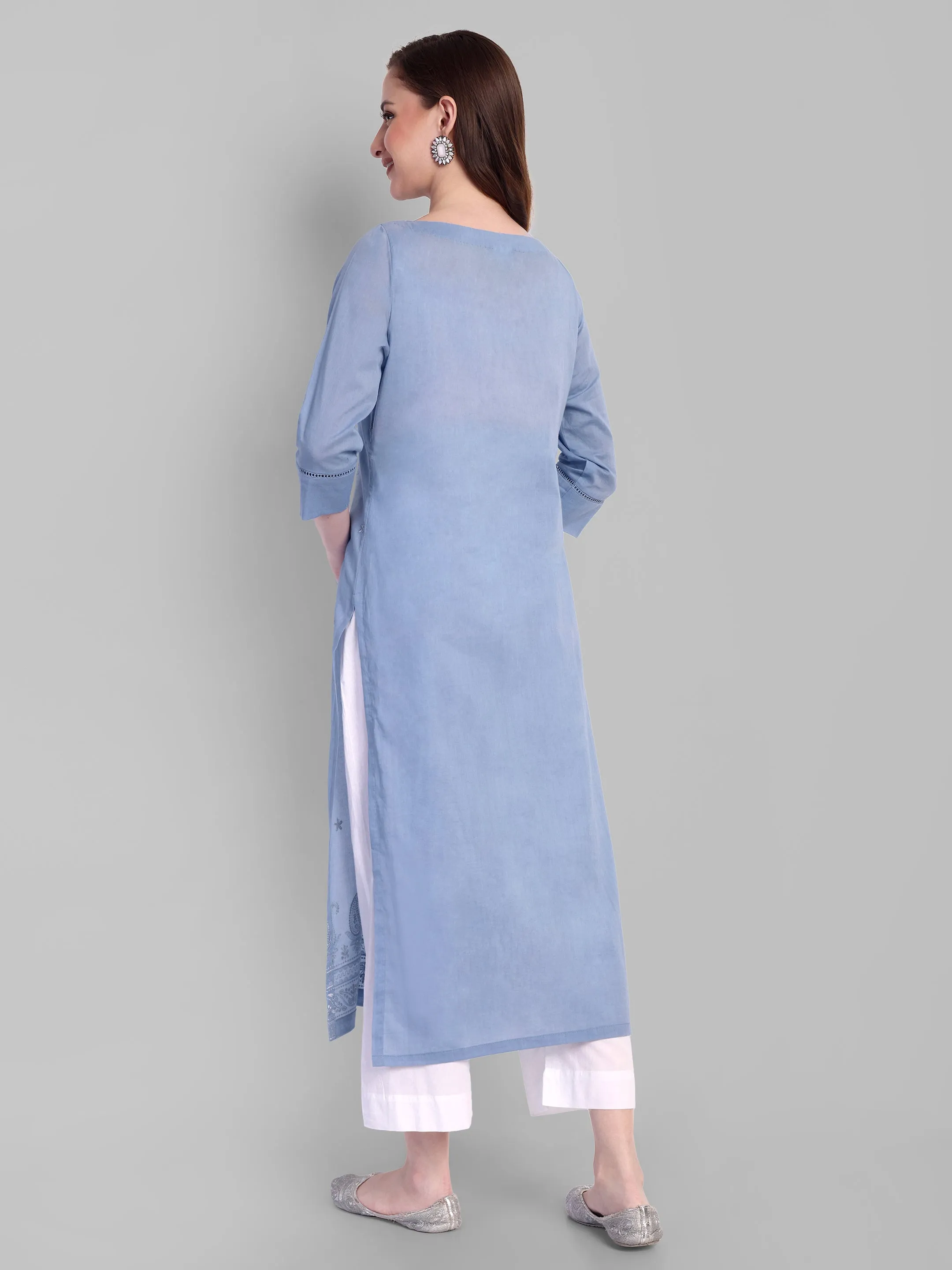 Azure blue Long chikankari Kurta and pant - Set of 2