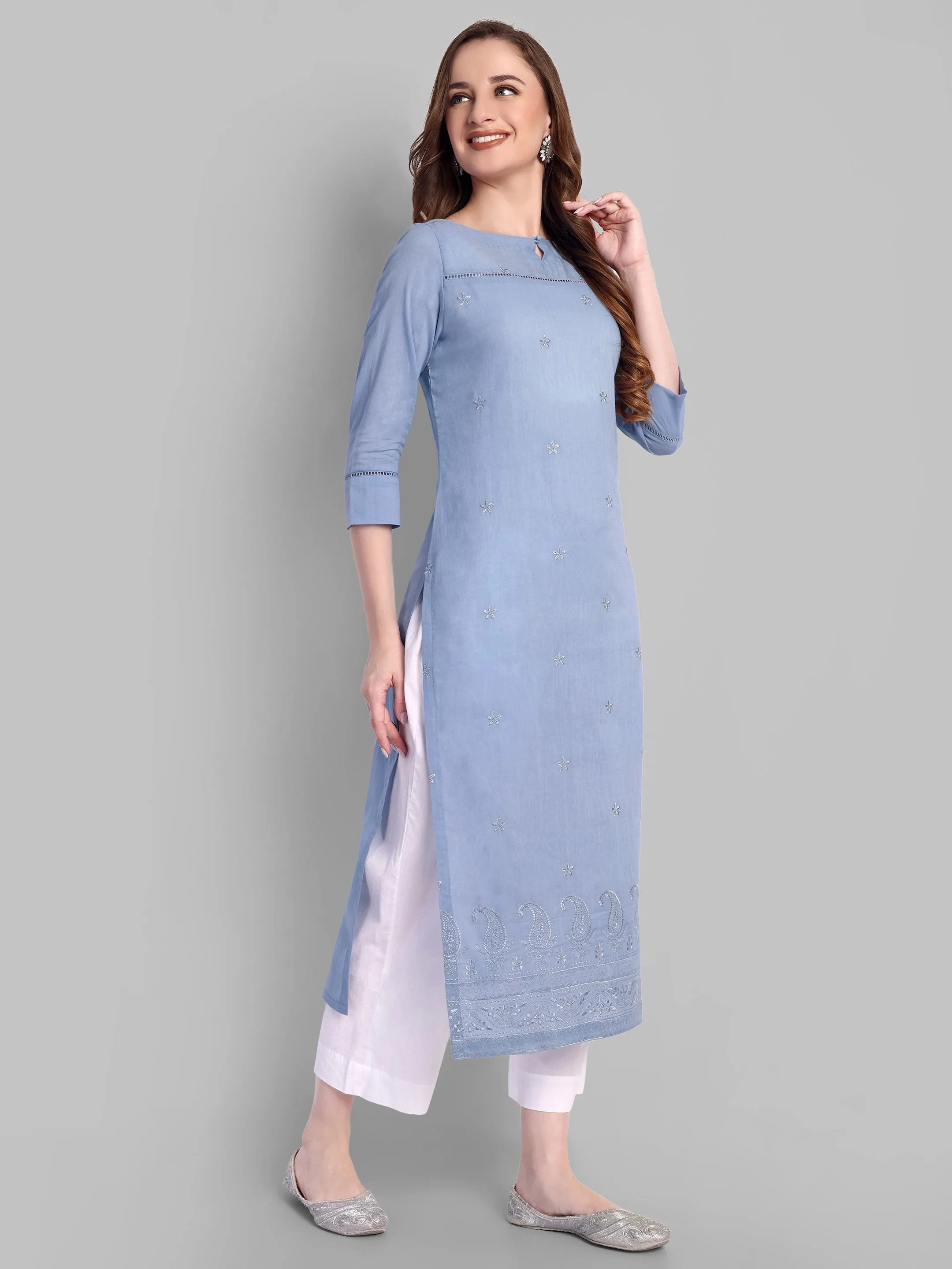 Azure blue Long chikankari Kurta and pant - Set of 2