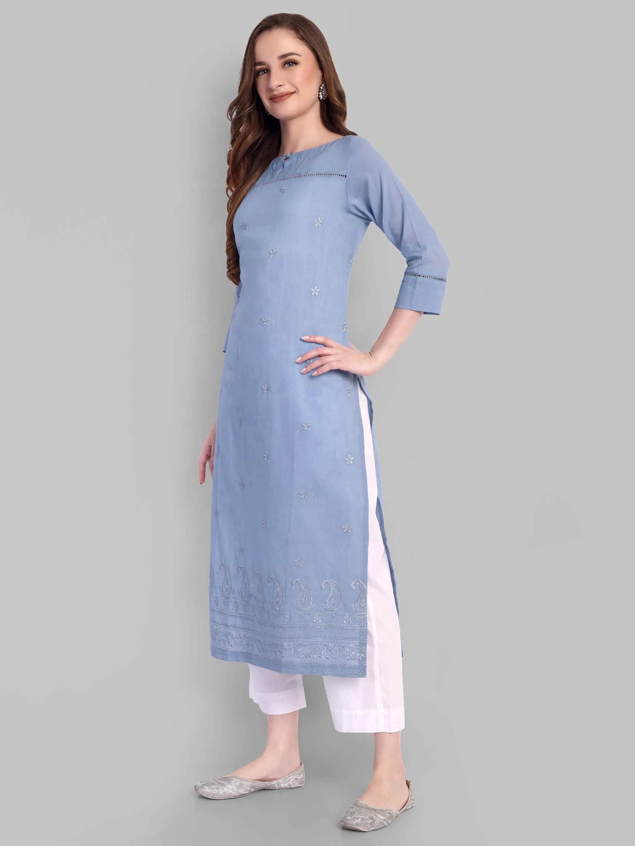 Azure blue Long chikankari Kurta and pant - Set of 2