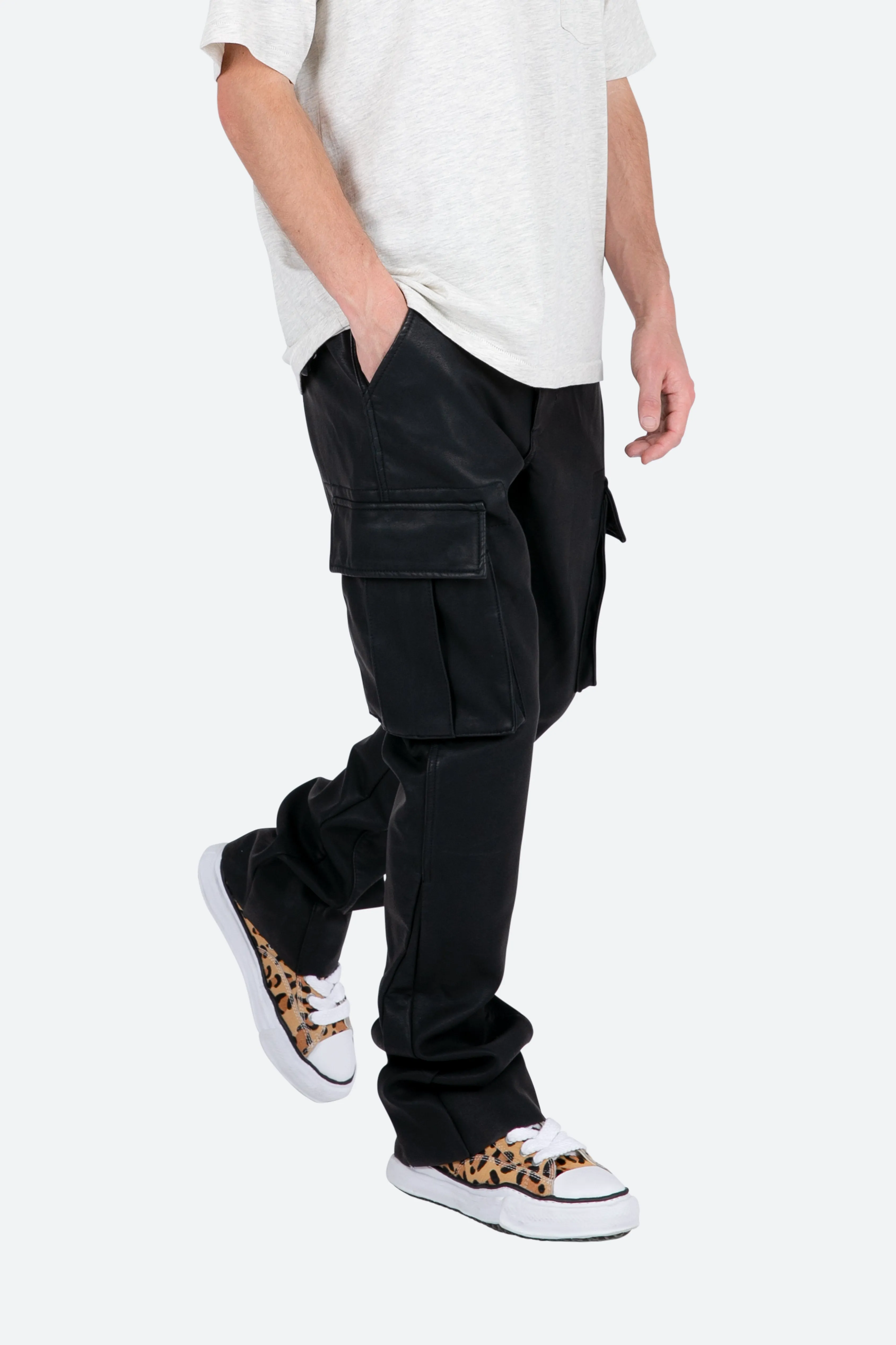 B449 Leather Cargo Flare Pants - Black