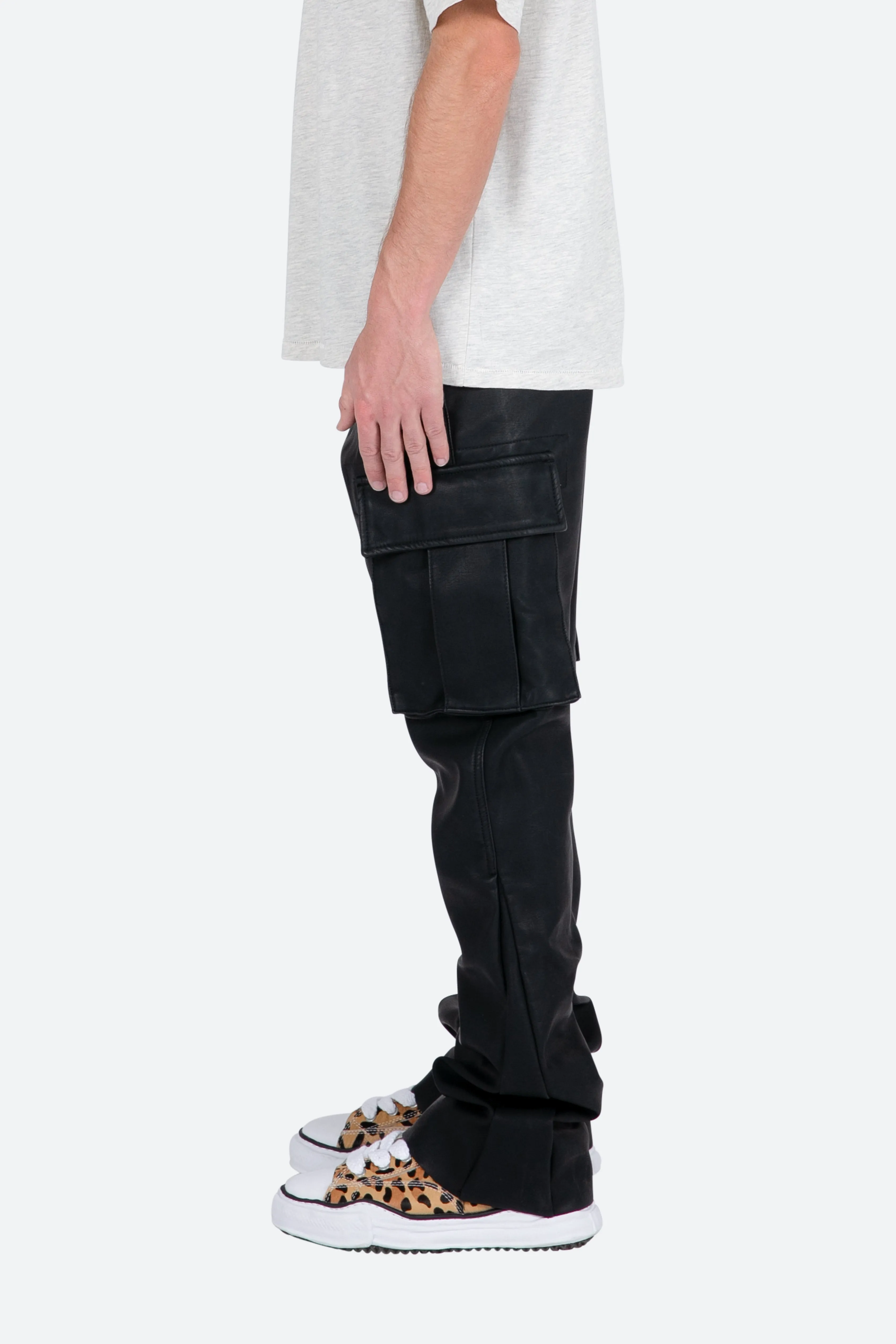 B449 Leather Cargo Flare Pants - Black