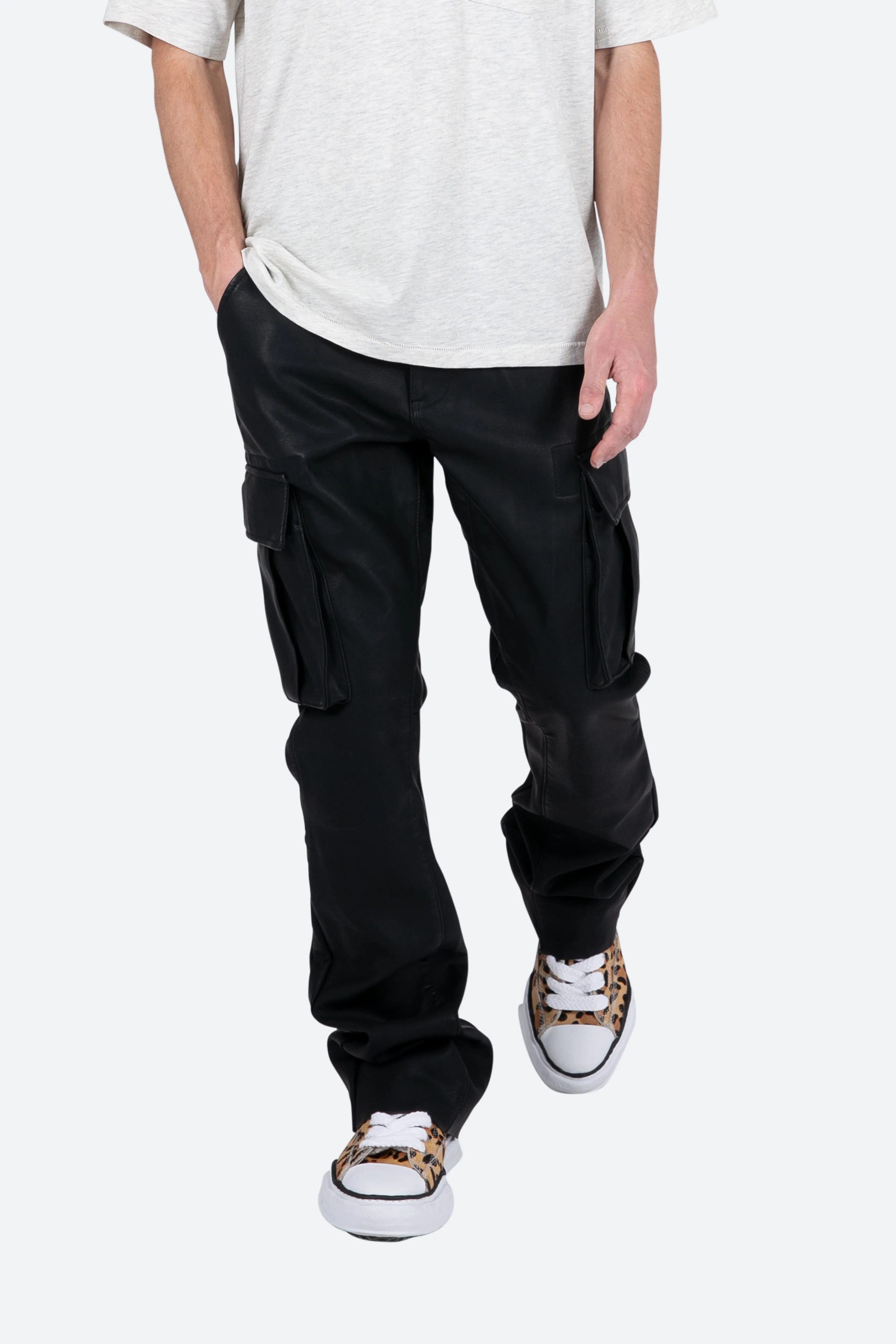 B449 Leather Cargo Flare Pants - Black