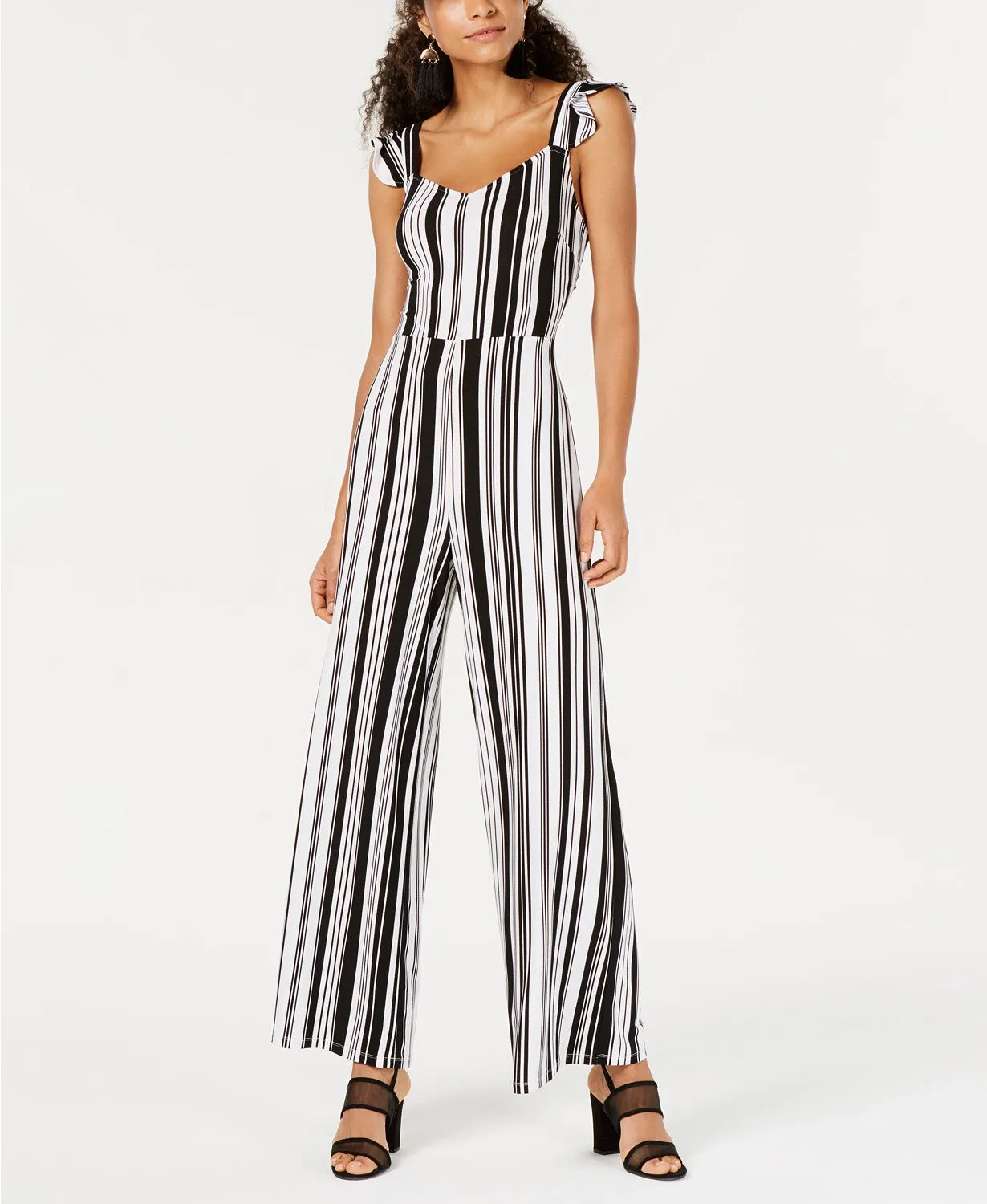 Bar III Women's Ruffled Striped Cutout Stretch Jumpsuit,  Black, XXS